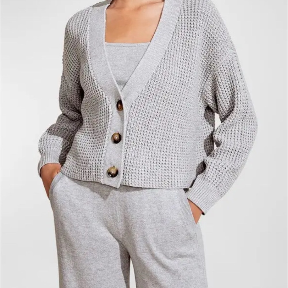 Eberjey | Recycled Crop Waffle Knit Cardigan‎ Gray Sz L